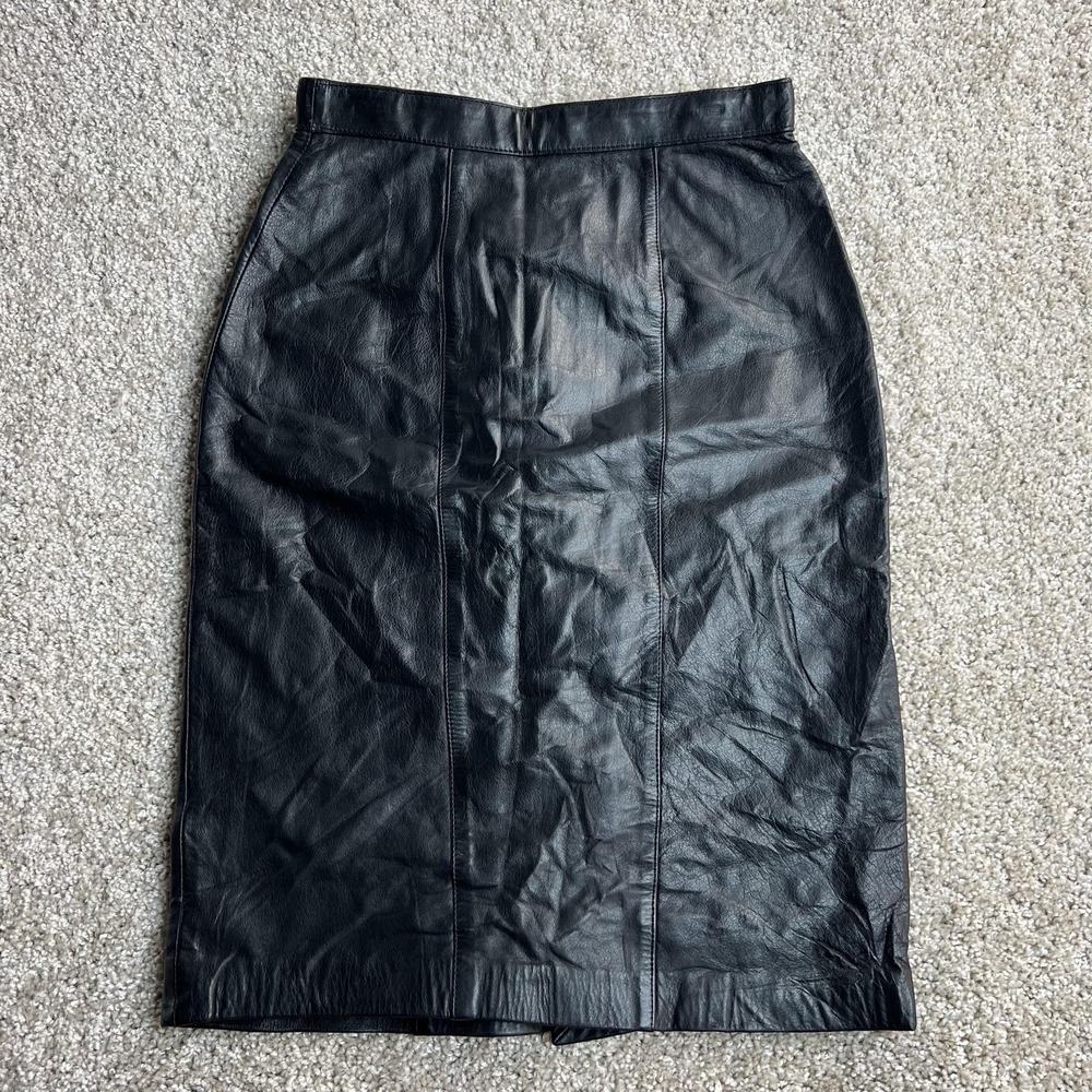 Evan Davies‎ Skirt Womens 2 Petite Black Leather Pencil Midi Lined Back Slit